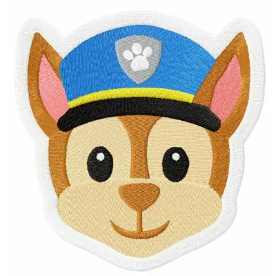 Chase face embroidery design from Paw Patrol, showcasing vibrant stitching patterns for creative projects.