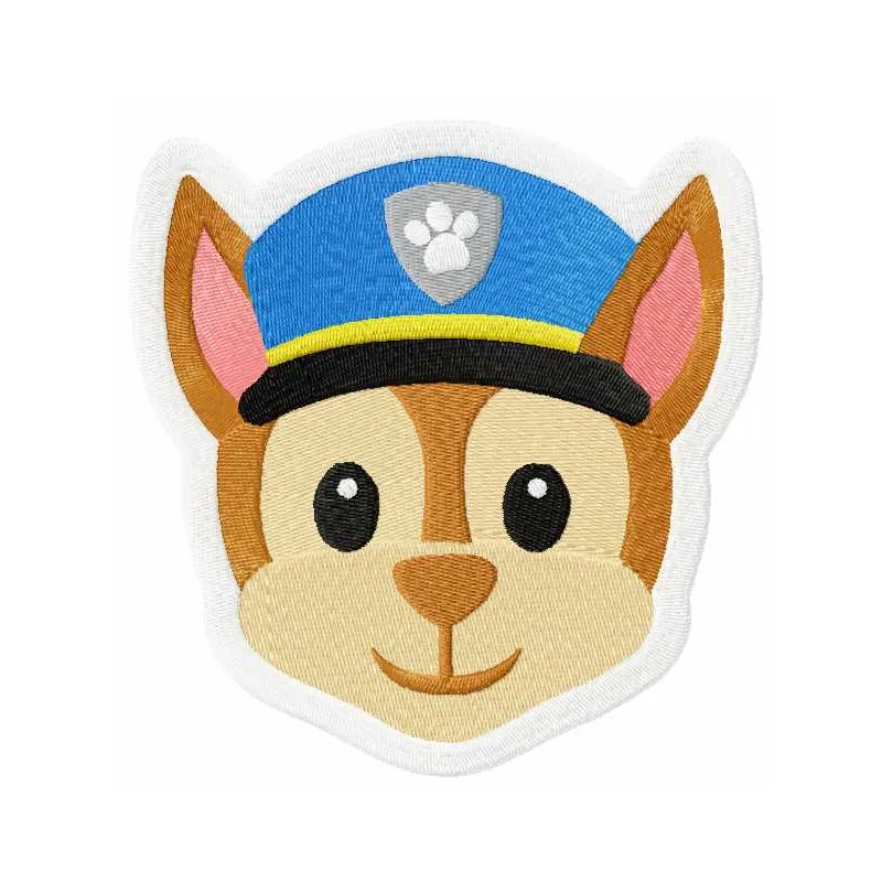 Chase face embroidery design from Paw Patrol, showcasing vibrant stitching patterns for creative projects.