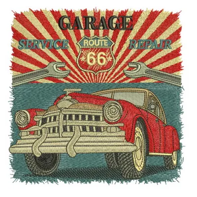 Garage service repair embroidery design featuring automotive tools and elements for creative stitching on various items.
