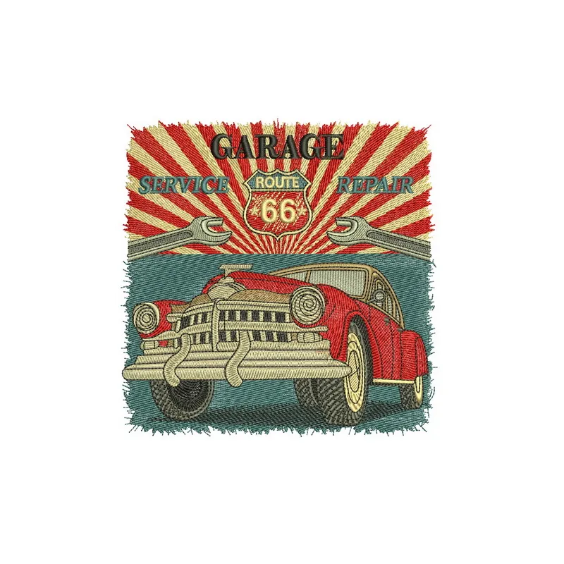 Garage service repair embroidery design featuring automotive tools and elements for creative stitching on various items.