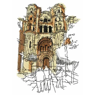 Ruined cathedral embroidery design showcasing intricate details of a scenic travel motif.