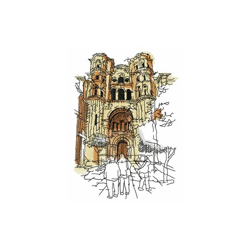 Ruined cathedral embroidery design showcasing intricate details of a scenic travel motif.