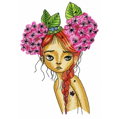 Embroidery design featuring a teen with lilac flowers, ideal for apparel like t-shirts and hoodies.