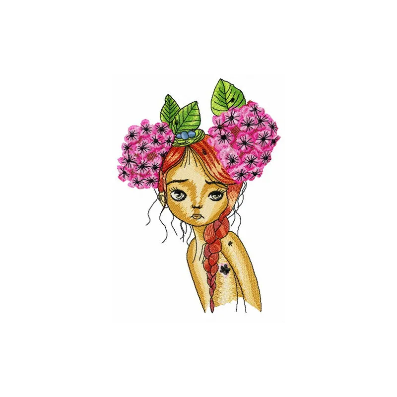 Embroidery design featuring a teen with lilac flowers, ideal for apparel like t-shirts and hoodies.