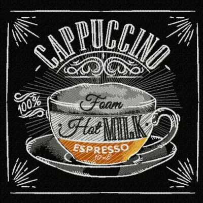 Cappuccino recipe embroidery design showcasing detailed stitching patterns for coffee lovers.