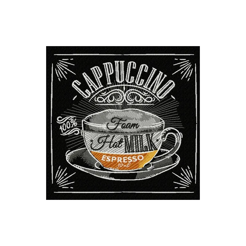Cappuccino recipe embroidery design showcasing detailed stitching patterns for coffee lovers.