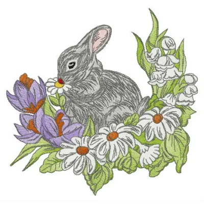Embroidery design of a rabbit on a glade, showcasing detailed stitching for various fabric projects.