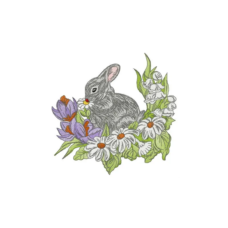 Embroidery design of a rabbit on a glade, showcasing detailed stitching for various fabric projects.
