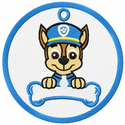 Chase badge embroidery design from Paw Patrol featuring a playful police badge motif for creative stitching projects.