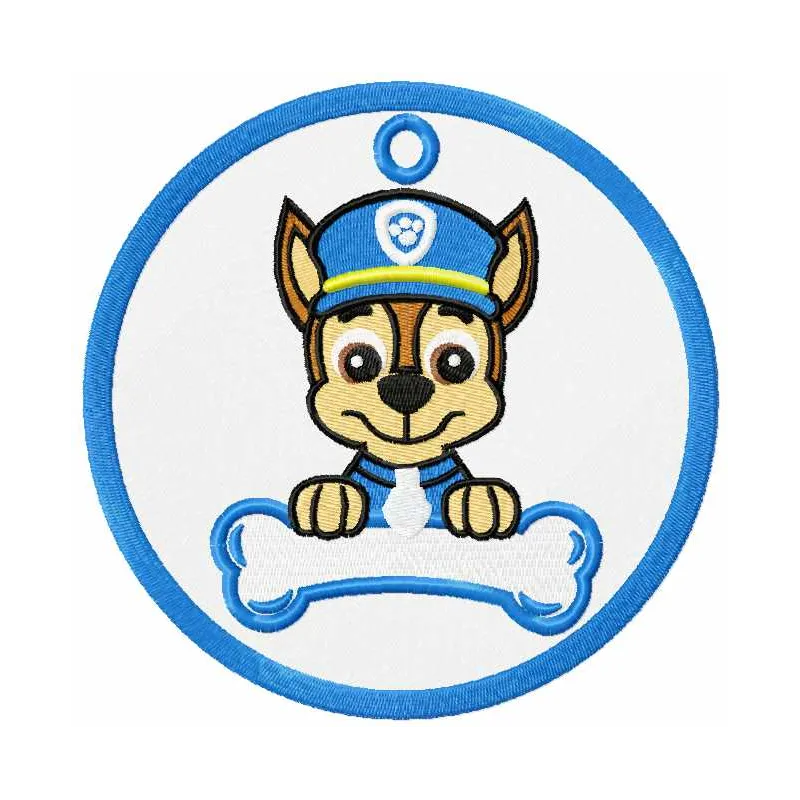Chase badge embroidery design from Paw Patrol featuring a playful police badge motif for creative stitching projects.