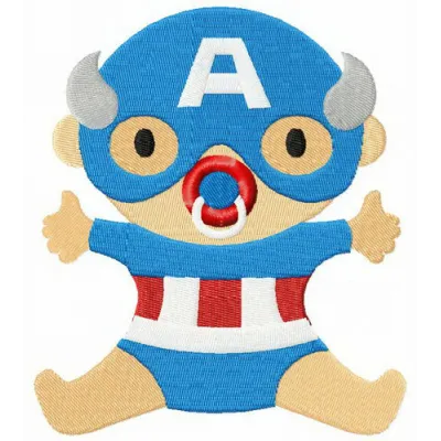 Baby Captain America embroidery design featuring a cute superhero motif for baby onesies and caps.