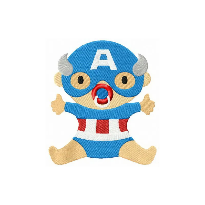 Baby Captain America embroidery design featuring a cute superhero motif for baby onesies and caps.