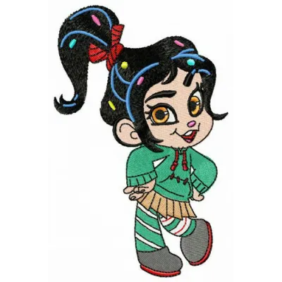 Vanellope dancing embroidery design from Wreck-It Ralph, showcasing a playful and vibrant stitched motif.