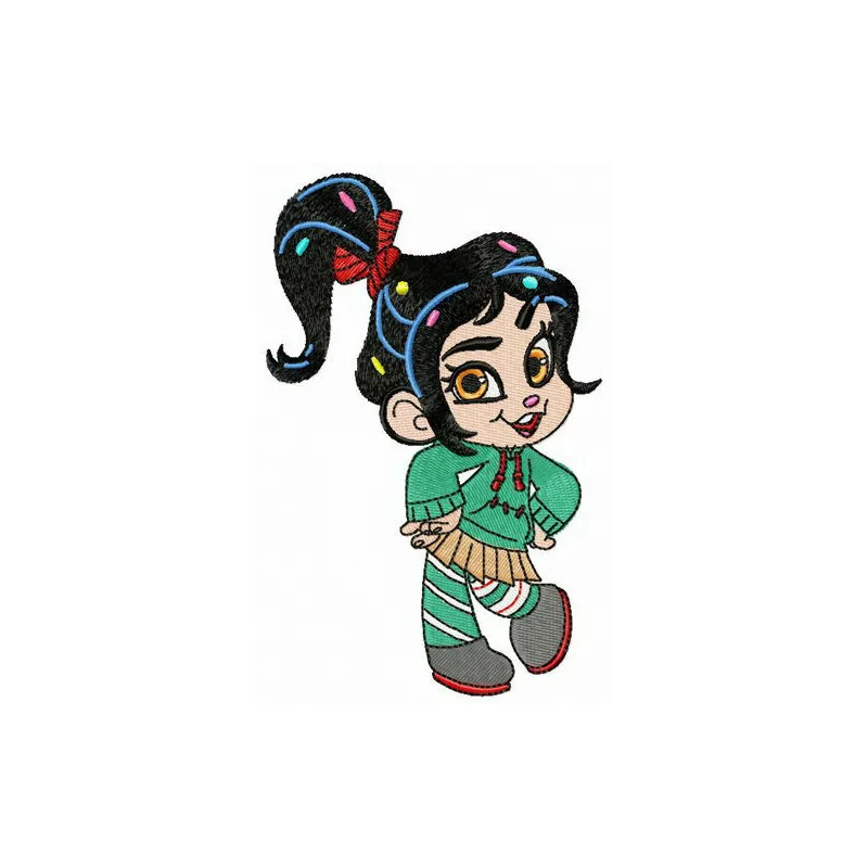 Vanellope dancing embroidery design from Wreck-It Ralph, showcasing a playful and vibrant stitched motif.
