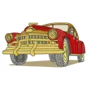 Red retro car embroidery design showcasing vibrant details, perfect for stitching on t-shirts or tote bags.