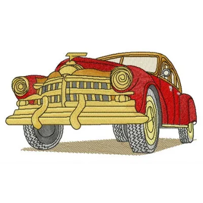 Red retro car embroidery design showcasing vibrant details, perfect for stitching on t-shirts or tote bags.