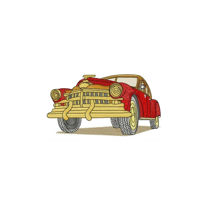 Red retro car embroidery design showcasing vibrant details, perfect for stitching on t-shirts or tote bags.