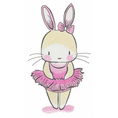 Tiny bunny ballerina embroidery design showcasing a whimsical bunny in a tutu, perfect for children's garments and decor.