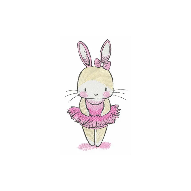 Tiny bunny ballerina embroidery design showcasing a whimsical bunny in a tutu, perfect for children's garments and decor.