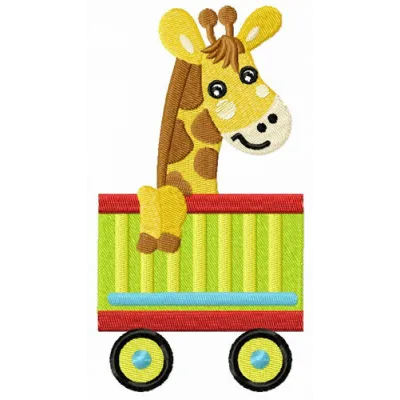 Preview of a whimsical giraffe in cart embroidery design, perfect for stitching on baby onesies or tote bags.