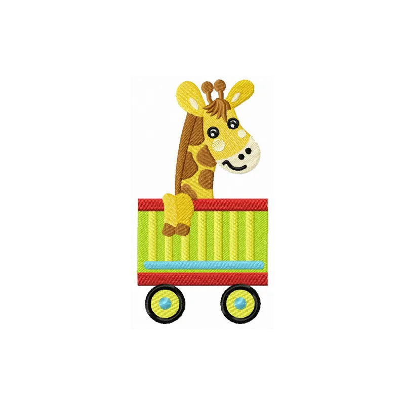 Preview of a whimsical giraffe in cart embroidery design, perfect for stitching on baby onesies or tote bags.