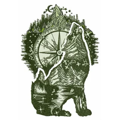 Wolf howl embroidery design featuring a majestic wolf silhouette and moon, ideal for creative projects.