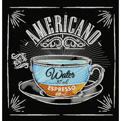 Americano recipe embroidery design featuring coffee ingredients, ideal for stitching on kitchen towels or aprons.