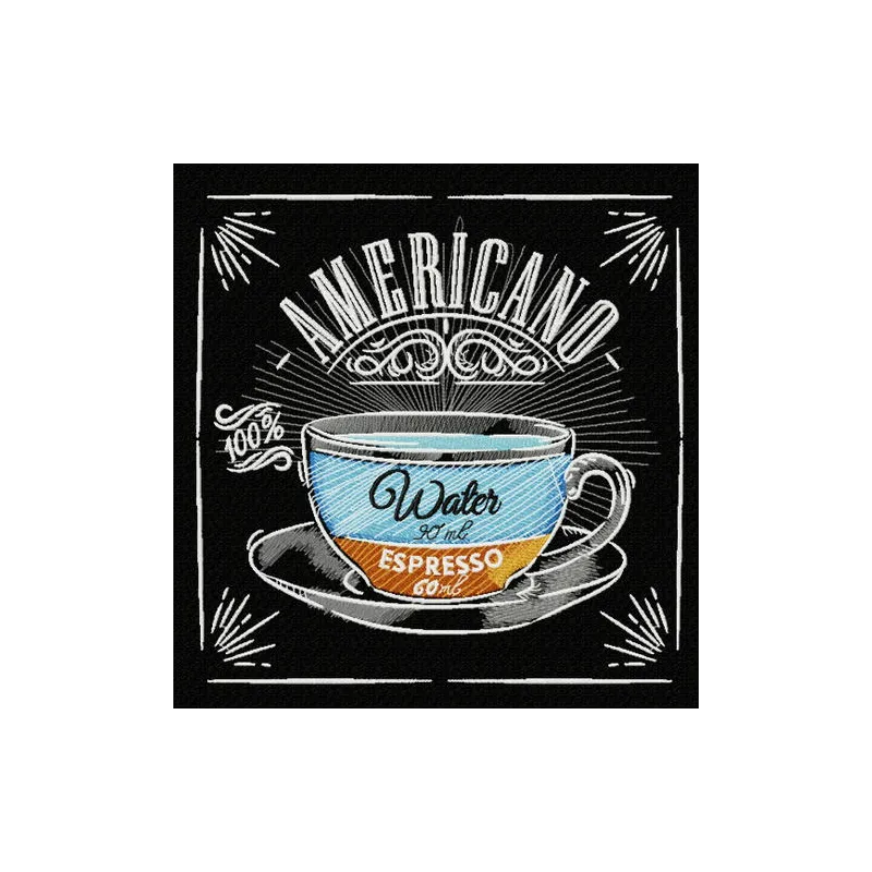 Americano recipe embroidery design featuring coffee ingredients, ideal for stitching on kitchen towels or aprons.