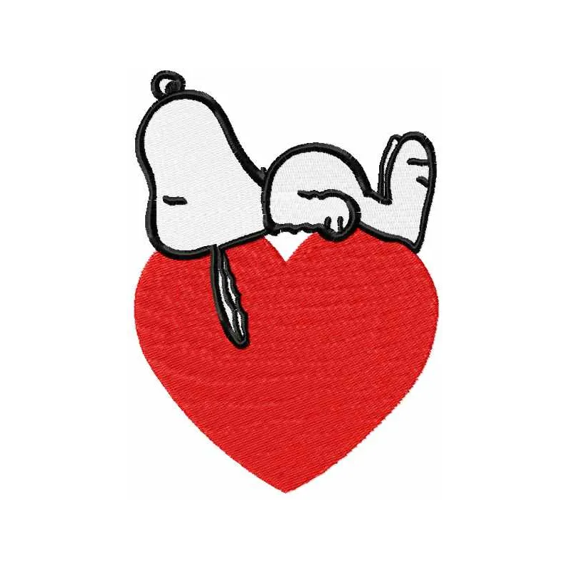 Embroidery design featuring a sleeping Snoopy surrounded by a heart, perfect for stitching on t-shirts and pillows.