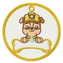 Rubble badge embroidery design featuring a playful motif from Paw Patrol, perfect for enhancing apparel and accessories.