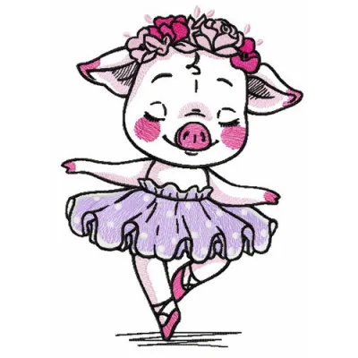 Piggy ballerina embroidery design featuring a charming pig in a tutu, perfect for stitching on baby onesies or pillows.