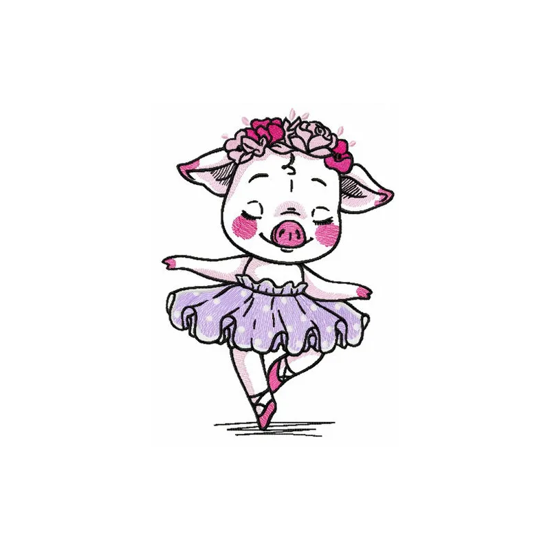 Piggy ballerina embroidery design featuring a charming pig in a tutu, perfect for stitching on baby onesies or pillows.