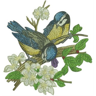 Blue tits on apple tree embroidery design - Embroidery Design