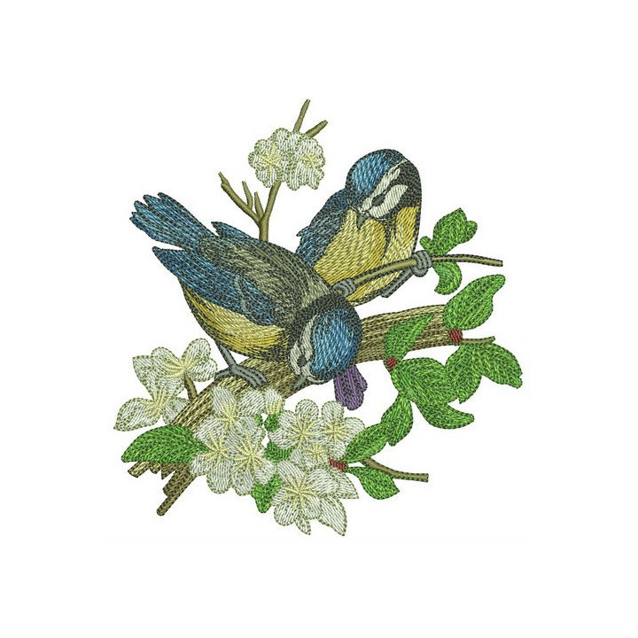 Blue tits on apple tree embroidery design - Embroidery Design