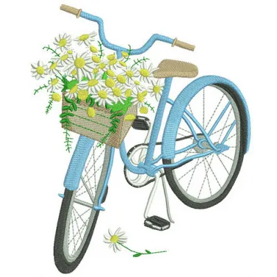 Bicycle and chamomiles embroidery design showcasing a charming pattern for stitching on home decor or apparel.
