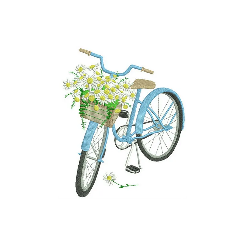 Bicycle and chamomiles embroidery design showcasing a charming pattern for stitching on home decor or apparel.