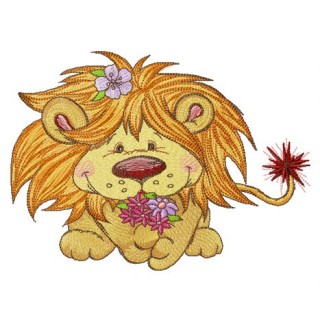 Lion with bouquet of spring flowers embroidery design - Embroidery Design