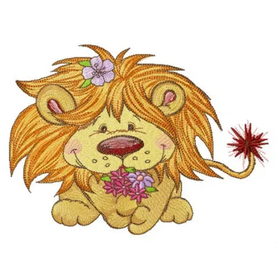Lion embroidery design featuring a vibrant bouquet of spring flowers, ideal for creative stitching projects.
