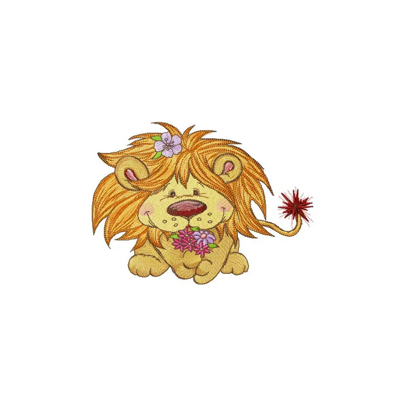 Lion embroidery design featuring a vibrant bouquet of spring flowers, ideal for creative stitching projects.