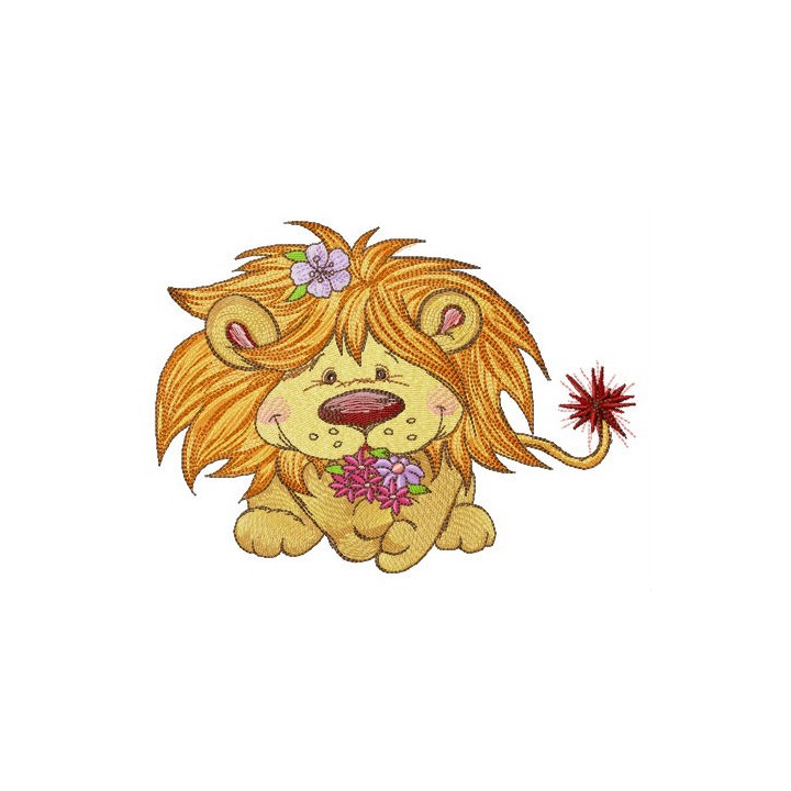 Lion with bouquet of spring flowers embroidery design - Embroidery Design