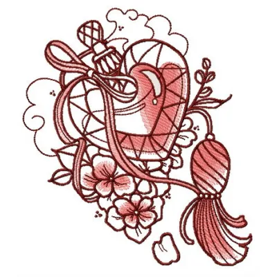 Heart-shaped vial embroidery design for Valentine's Day, showcasing intricate stitching and romantic motifs.