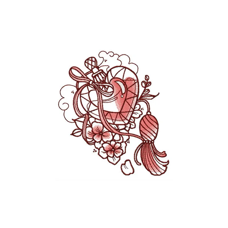 Heart-shaped vial embroidery design for Valentine's Day, showcasing intricate stitching and romantic motifs.