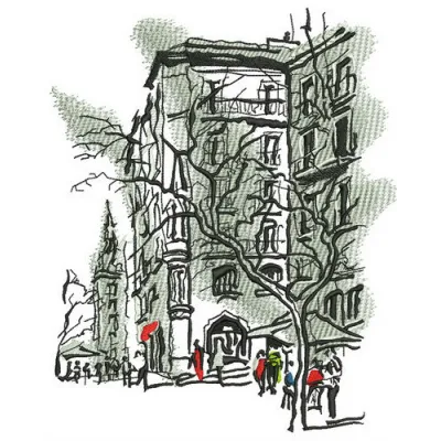 Everyday life embroidery design showcasing scenic travel motifs, perfect for stitching on bags and apparel.