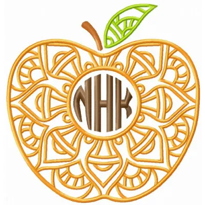 Preview of NHK apple embroidery design showcasing vibrant stitched apple motif for various fabric projects.