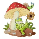 Frog's rest under mushroom embroidery design showcasing a whimsical frog motif perfect for various stitching projects.