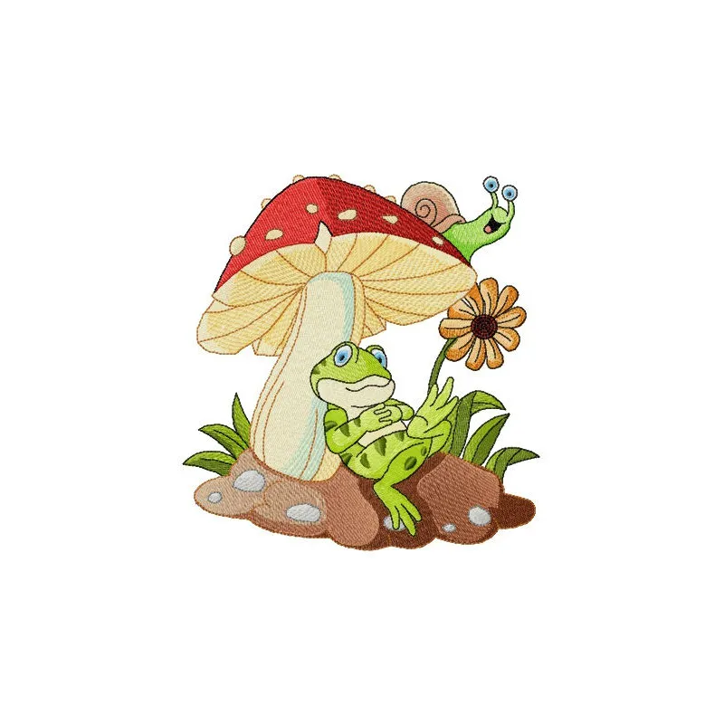 Frog's rest under mushroom embroidery design showcasing a whimsical frog motif perfect for various stitching projects.