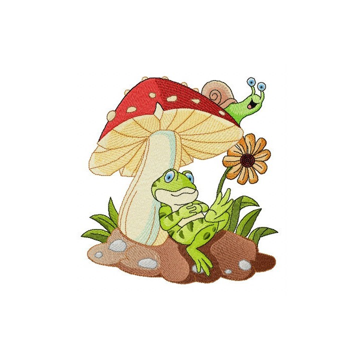 Frog's rest under mushroom embroidery design - Embroidery Design