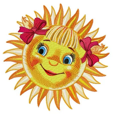 Red-cheeked sun embroidery design showcasing a cheerful sun motif, ideal for adding warmth to various fabric projects.
