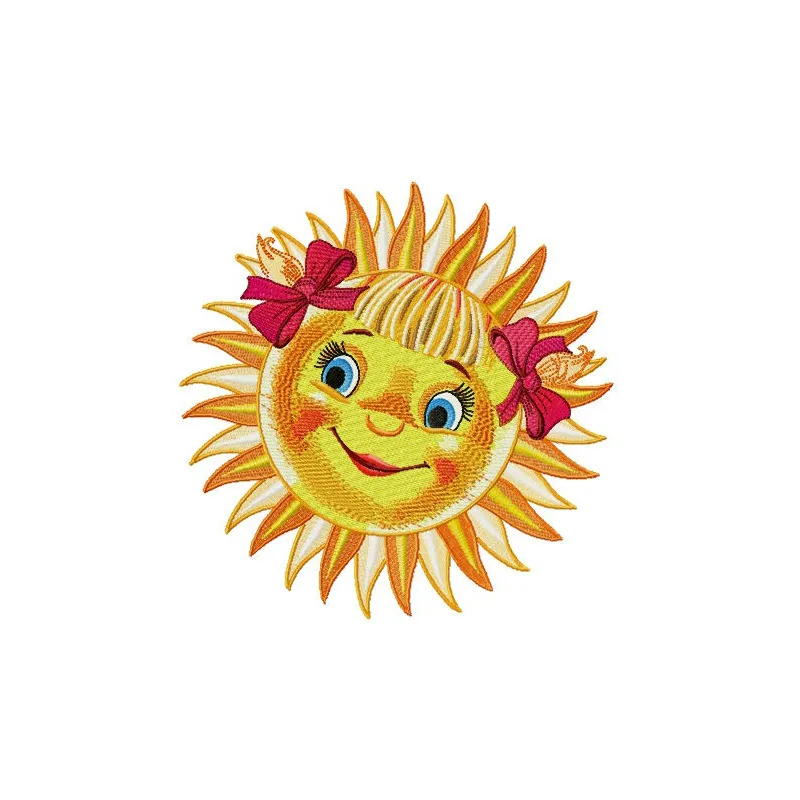 Red-cheeked sun embroidery design showcasing a cheerful sun motif, ideal for adding warmth to various fabric projects.