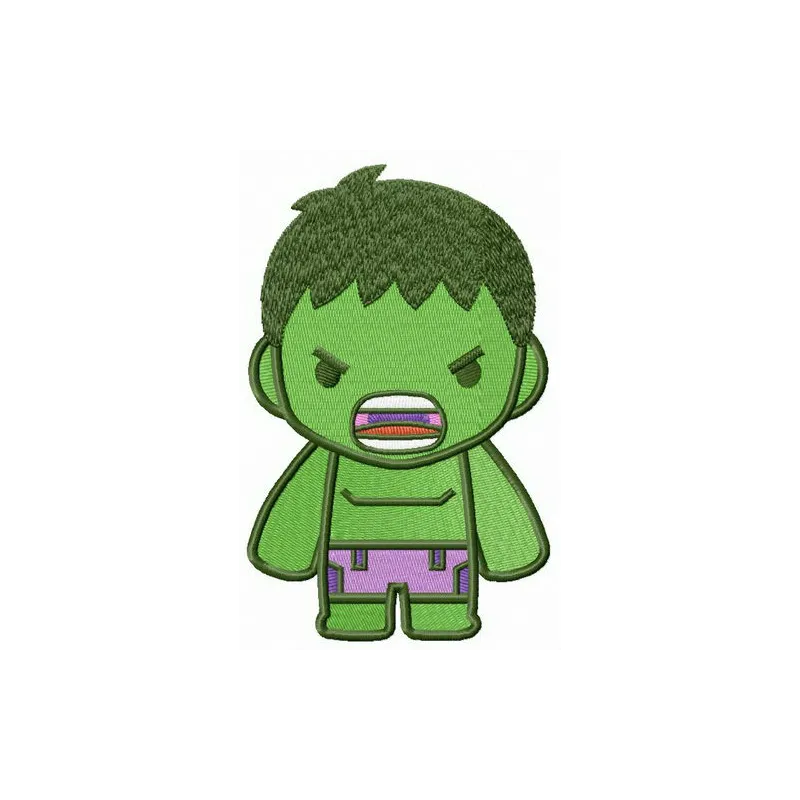 Chibi Hulk embroidery design showcasing a playful character, perfect for stitching on t-shirts or hoodies.